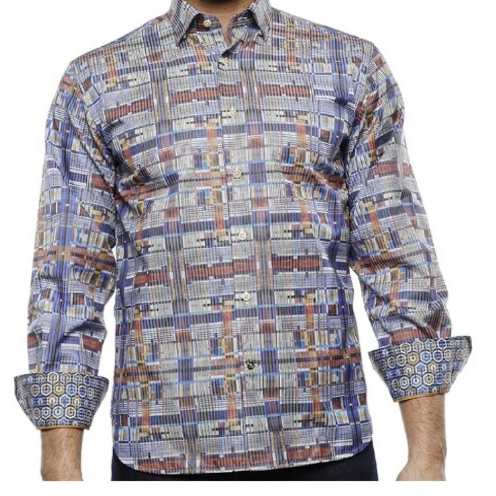 Luchiano Visconti Plaid Jacquard Shirt flip cuff vibrant print size Large